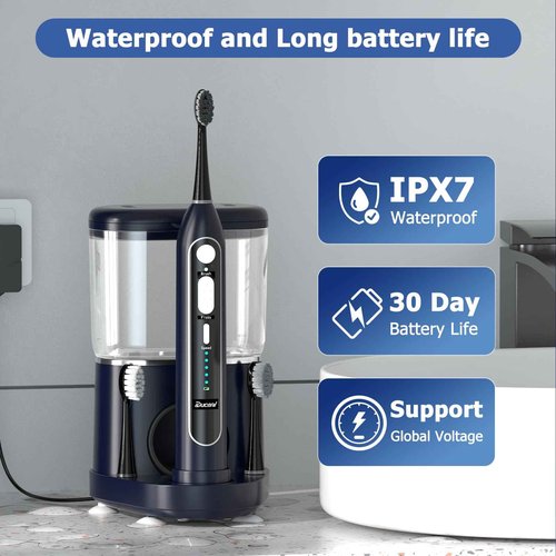 Electric Toothbrush with Water Flosser, Upgrade Flossing Toothbrush Combo, 5 Floss Speeds&3 Brush Modes, 500mL Tank, 30-Day Battery, for Adults & Teens, Gums, Braces, Dental Care,Off-Blue