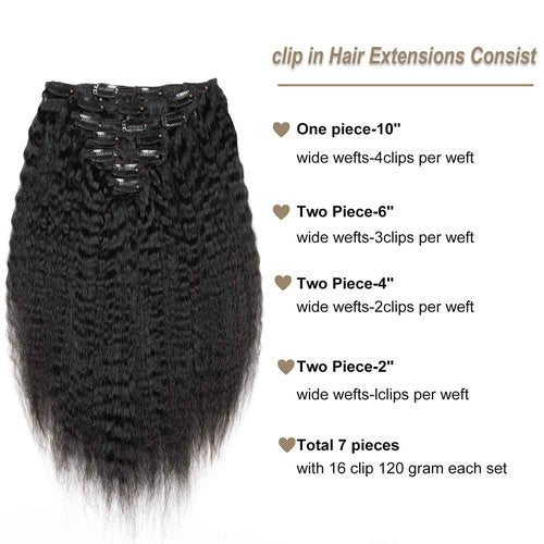 WZVHAIR Clip in Hair Extensions Kinky Straight Clip in Hair Extensions 100% Virgin Human Hair 7pcs with 16Clips 120g/set Natural Black Yaki Straight (Kinky Straight, 20 Inch)
