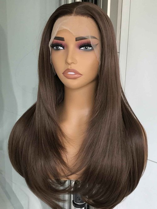 mytonecoo 13x4 Chocolate Brown Lace Front Wig Synthetic Hair HD Transparent Straight Lace Frontal Wigs Pre Plucked Brown Wig Colored Synthetic Lace Wigs for Women Long Layered Wig Daily 22inch