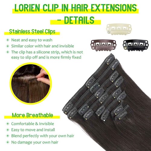 LORIEN Real Human Hair Clip in 100% Human Hair Extensions Brazilian Remy Human Hair Clip on Hair Extensions 8pcs Per Set with 18Clips Double Weft (20 Inch, 1B Natural Black)