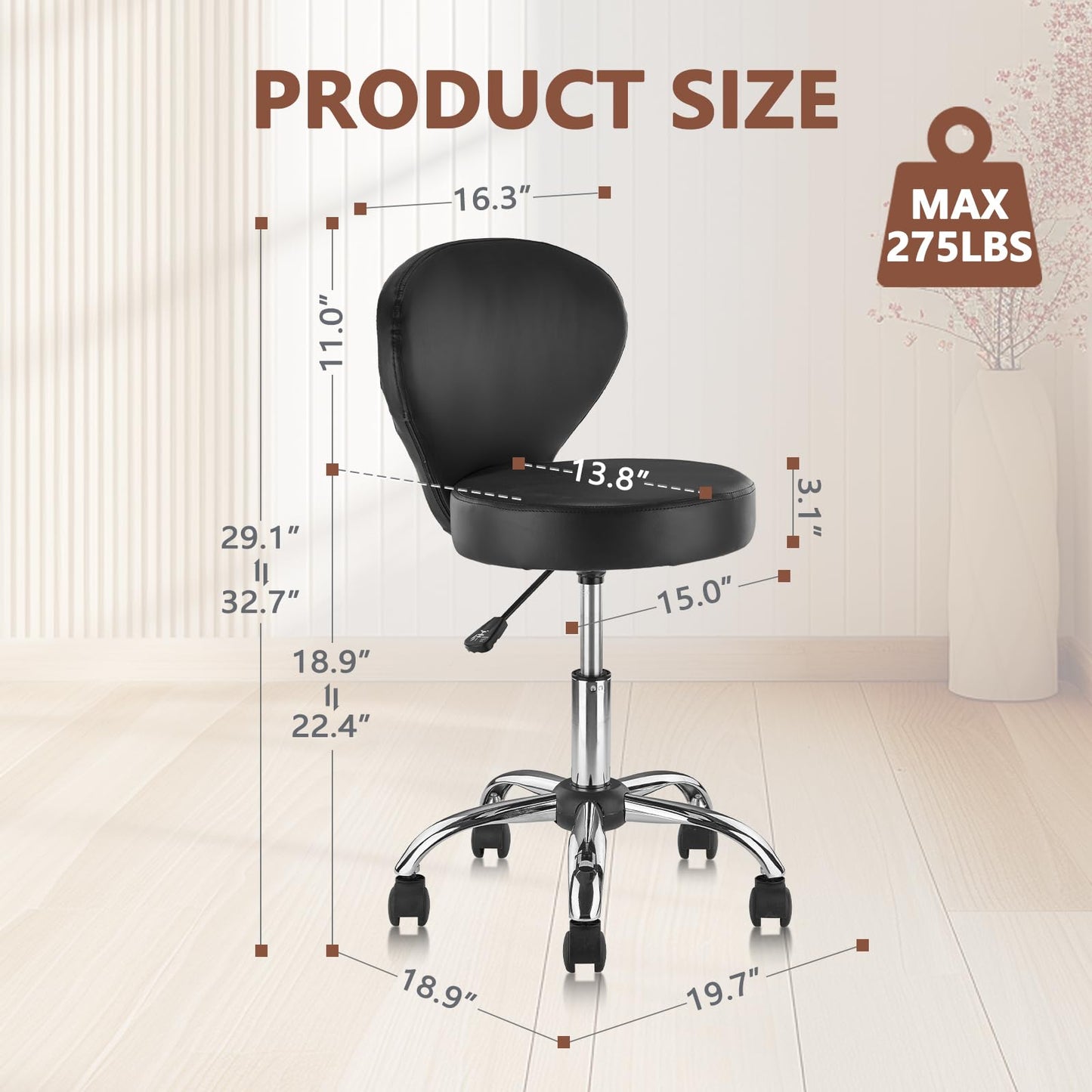 KLASIKA Leather Rolling Swivel Salon Stool Chair with Back Support Adjustable Hydraulic Seat Height 22 in for Office Massage Facial Spa Medical Drafting Tattoo Beauty Barber