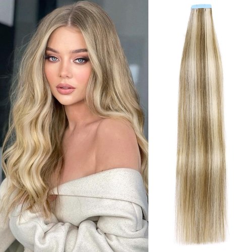 LADY MIRANDA Tape in Hair Extensions Remy Human Hair Full Ends PU Hair Extensions 20 Inches 50g 20Pcs Mixed Blonde Skin Weft Invisible Tape in Human Hair Extension for Women