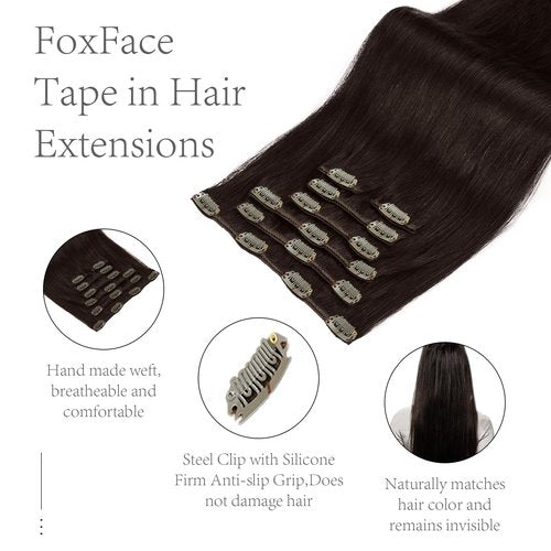 FoxFace Clip in Hair Extensions Real Human Hair, Thick Extensions from Root to Tip, Natural Hair Clip Ins, Dark Brown, 22 Inch 120g 7Pcs