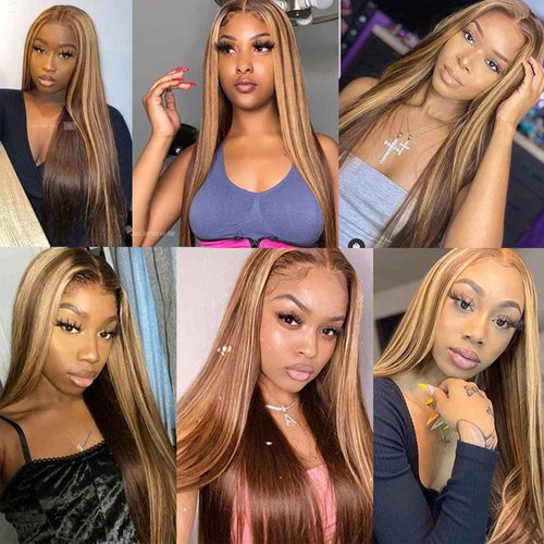 Lemoda Outlet Deals 13x6 Highlight Ombre Lace Front Wig Human Hair 180 Density 22 Inch Straight Transparent Lace Pre Plucked Honey Blonde Human Hair Wigs for Women P4/27 Color