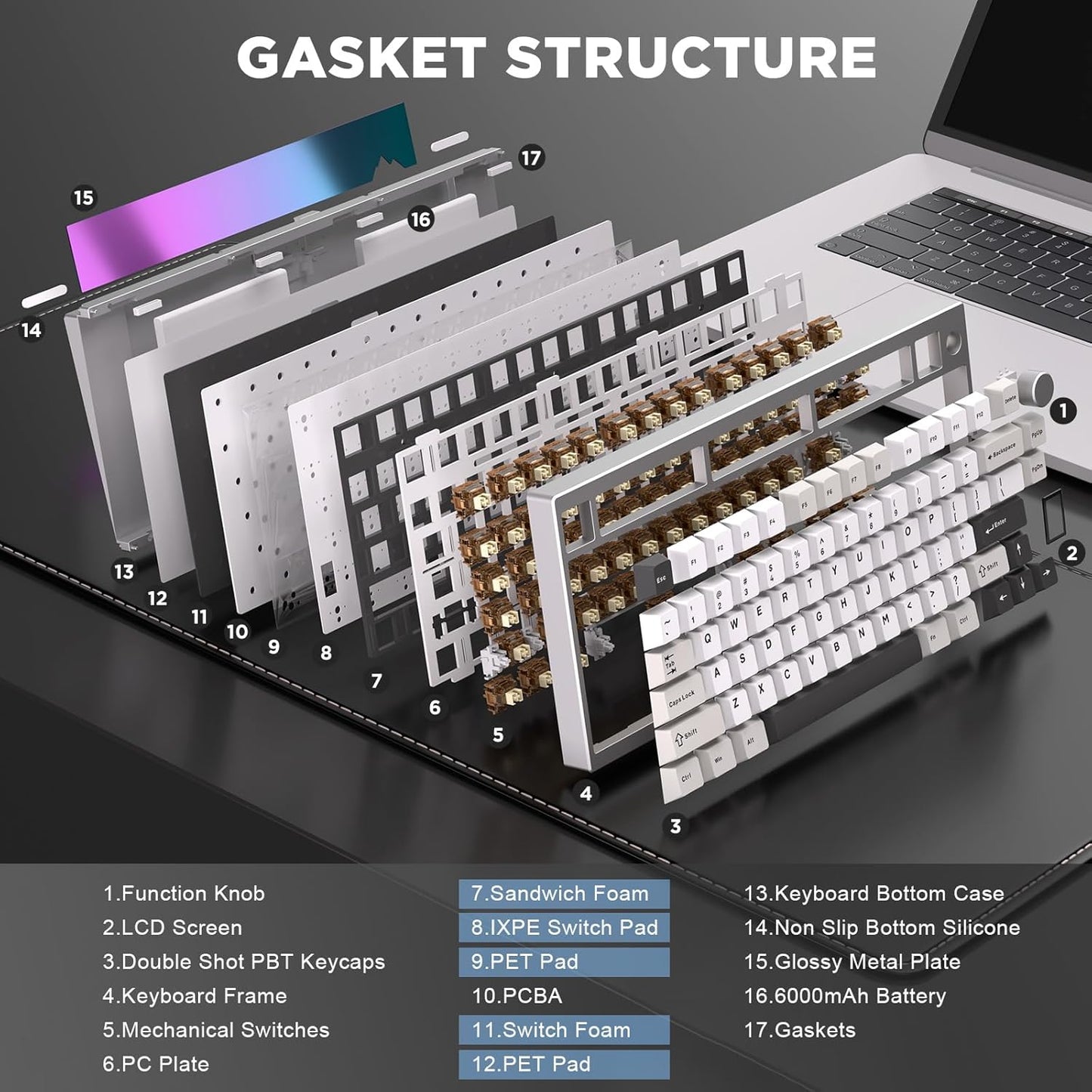 YUNZII AL80 Wireless Mechanical Keyboard,Full Aluminum CNC, Smart LCD Display,Hot Swappable Gasket Mount 75% Layout with Knob,BT/2.4G/USB-C,QMK/VIA Support for Win/Mac (Silver, Gateron Zero Switch)
