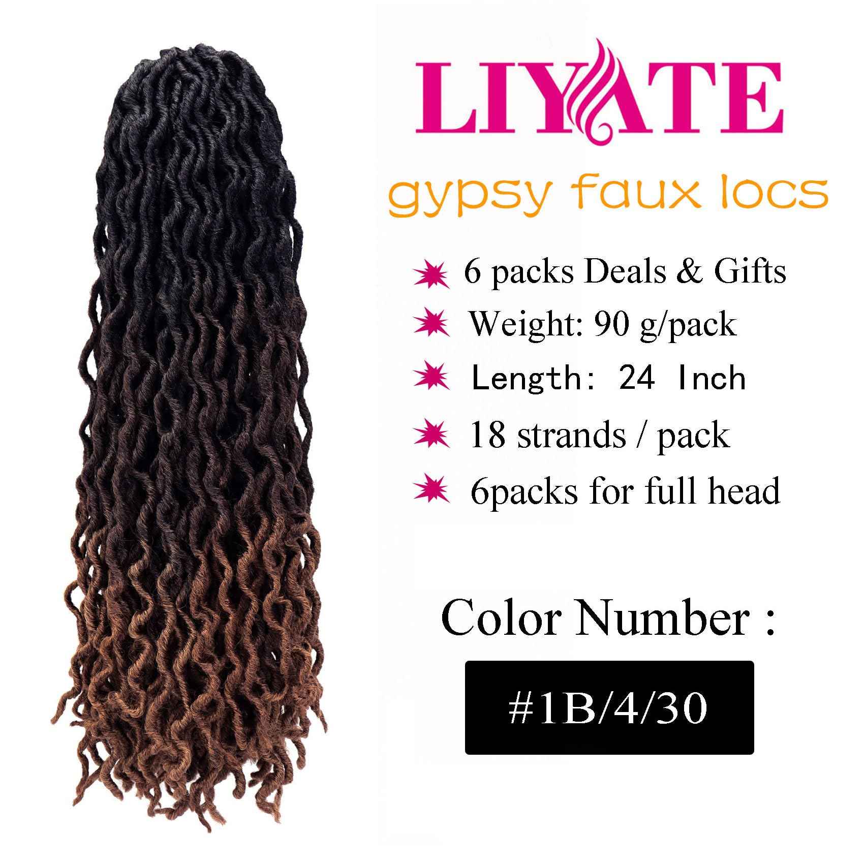 24 Inch Goddess Faux locs Crochet Hair 6 Packs/Lot Soft Gypsy Locs Wavy Crochet Braids Dreadlocks 3 Tone Curly Wavy Twist Braiding Hair Extensions African Roots Braid（1B/4/30)