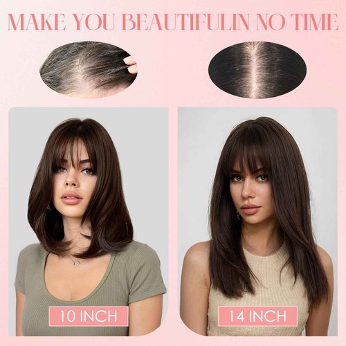 S-noilite Hair Toppers for Women with Bangs Real Human Hair 360° 3D Cover Clip in Bangs 2X6 Coverage Clip in Hairpiece for Women with Thinning Hairline 14Inch (Medium Brown/Dark Blonde)