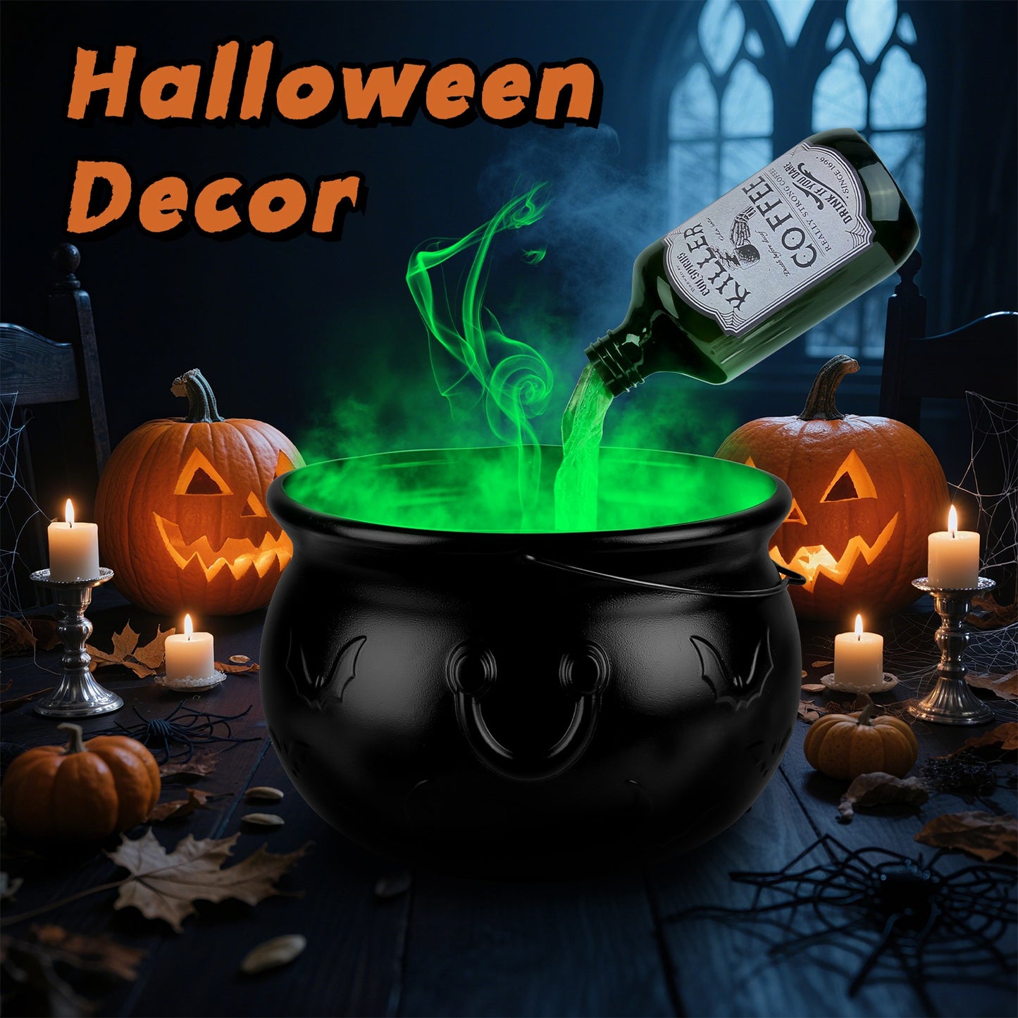 Halloween Floating Bottle Set with Cauldron & Green Mist