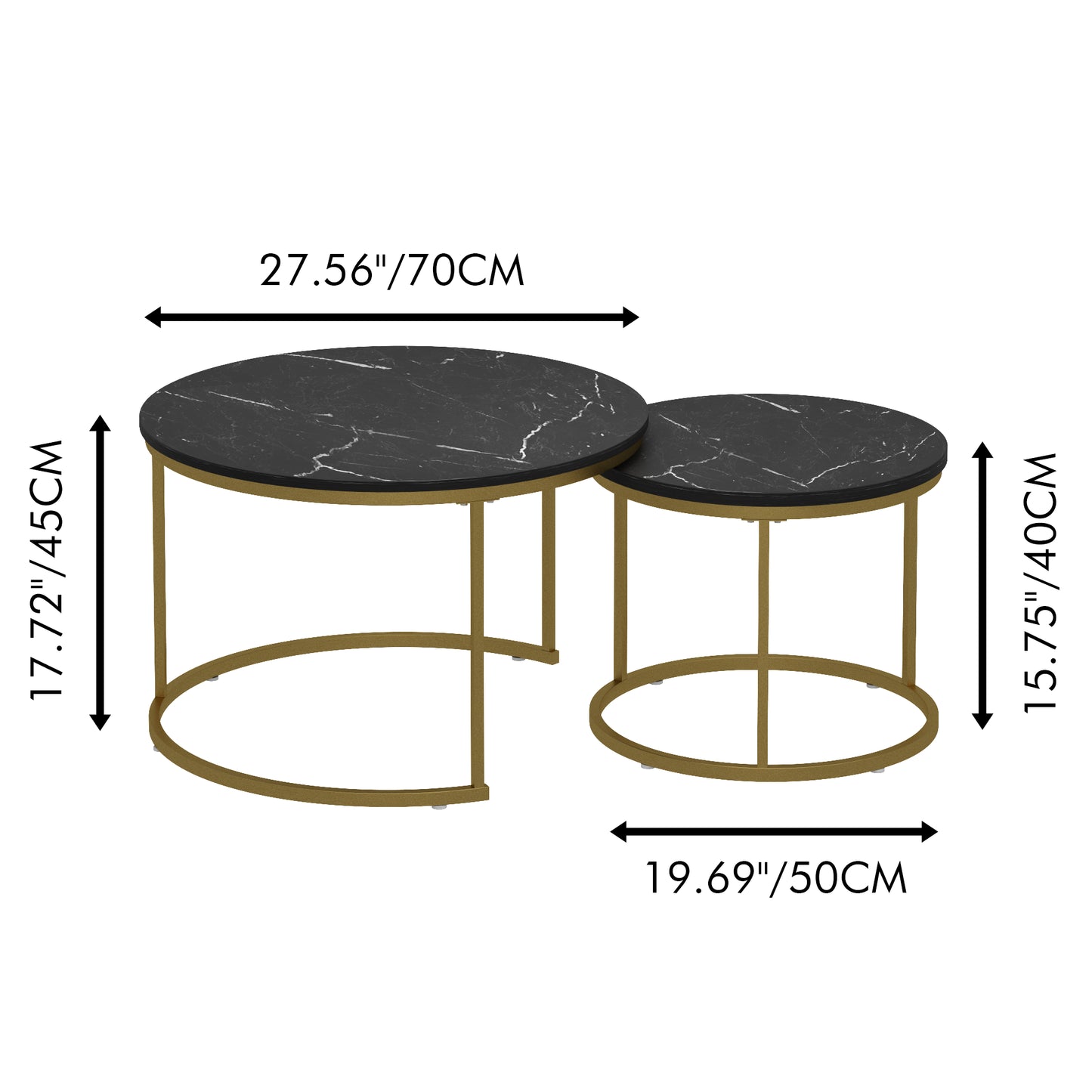 Nesting Coffee Table Set of 2 - Round Black+Gold Marble Top