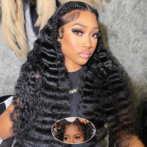 Ehelo 22 Inch Deep Wave Glueless Wigs - Human Hair, 7x5 Deep Wave Closure, 180% Density, Pre Plucked, Pre Cut Lace, Curly, Glueless Lace Front Wigs