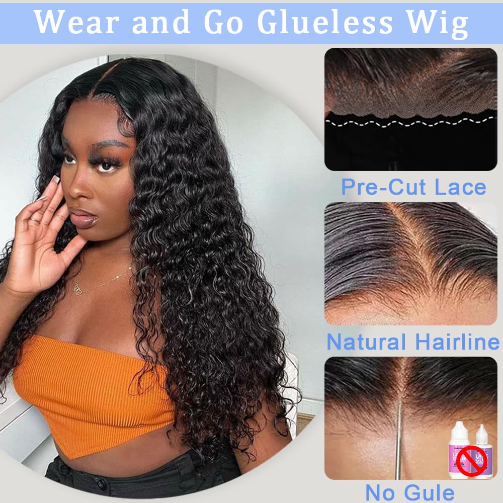 Pinketer Glueless Wigs Human Hair Pre Cut 5x5 Lace Closure Deep Wave Wig 180% Density Wear and Go Human Hair Curly Wigs for Black Women Natural Black Color Small Head Friendly 28Inch