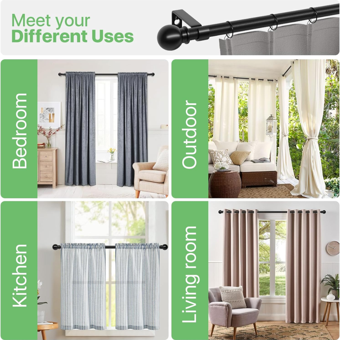 Adjustable Black Curtain Rod Set 28-48 Inch with Brackets