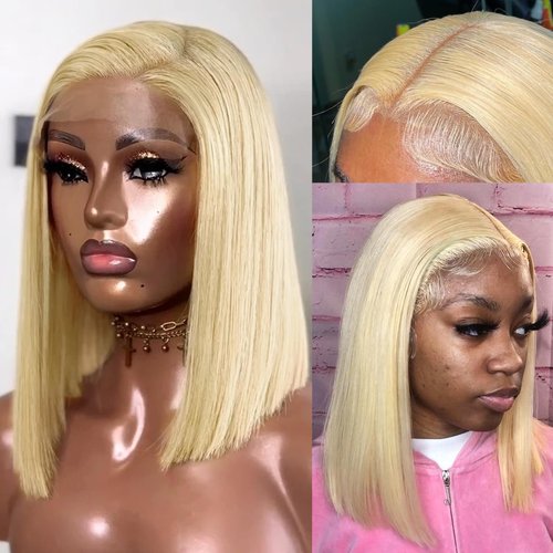 613 Bob Wigs 13x6 Blonde Lace Front Wig Human Hair Bob 180% Density Straight 613 Blonde Wig Human Hair Free Part Pre Plucked 14 Inch HD Transparent Blunt Cut Lace Front Bob Wigs for Black Women