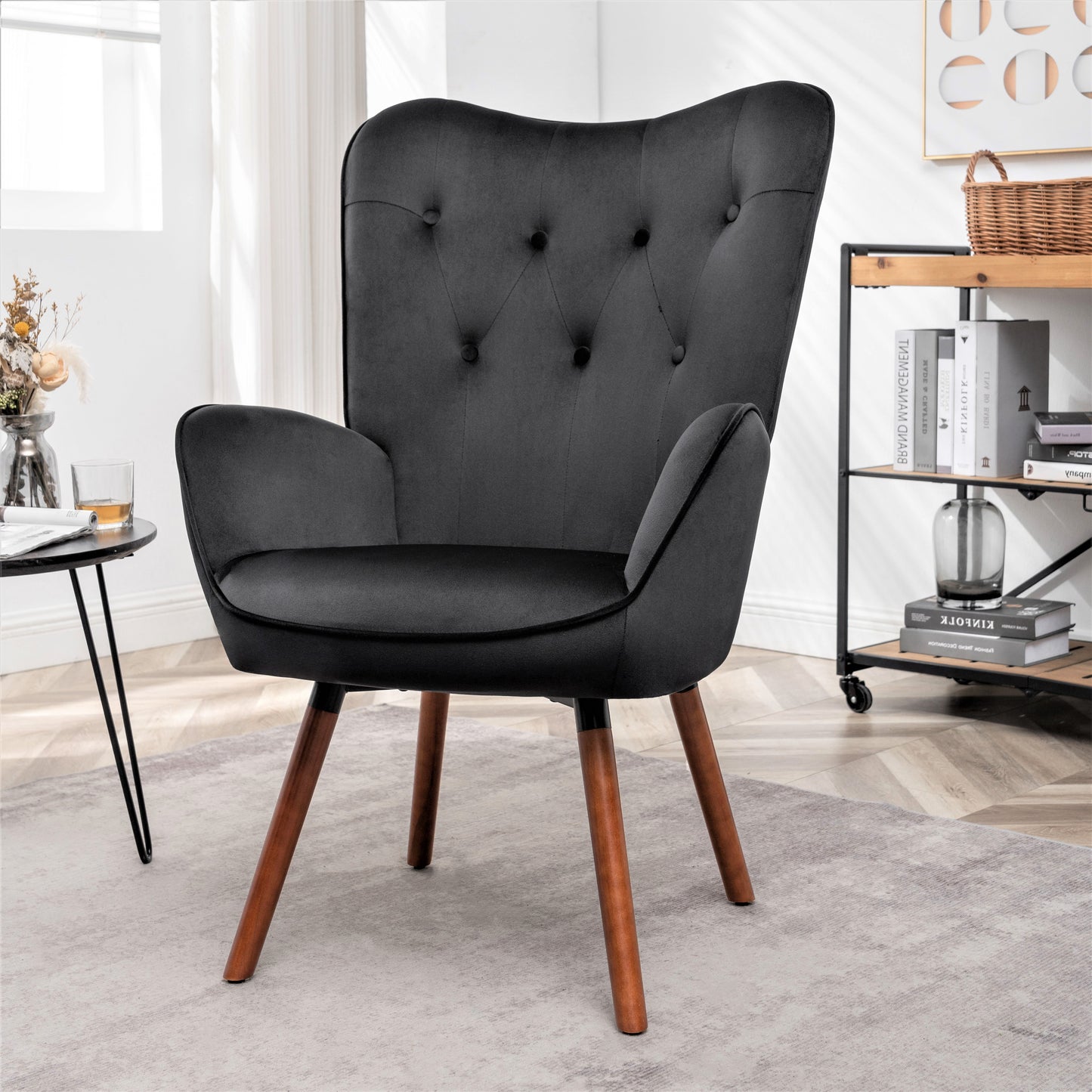 Mid-Century Modern Wingback Accent Chair, Button-Tufted Polyester