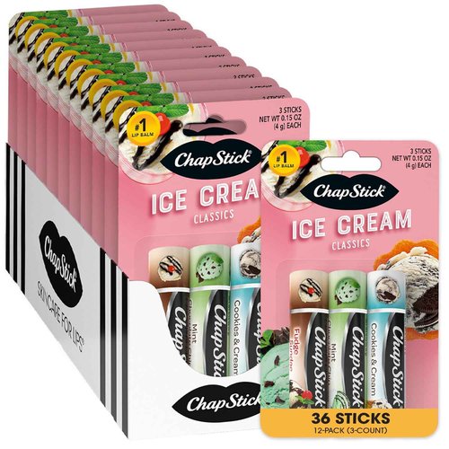 ChapStick Lip Moisturizer, Ice Cream 3-Packs (12 Sets/36 Tubes) – Bulk Lip Balm, Irresistible & Sweet, 0.15 Oz Ea