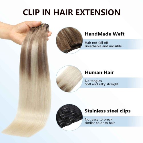 COOKAYU Clip in Hair Extensions Human Hair, 8/60 Ash Brown to Platinum Blonde Ombre Real Hair Extensions Clip in Human Hair, 16inch 120g 7Pcs