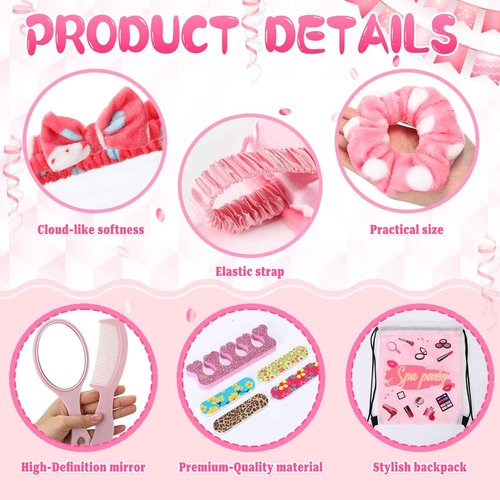 Janinka 108 Pcs Spa Party Favors Supplies Bulk, Include Pink Spa Headband, Scrunchies, Eye Mask, Nail File, Toe Separator, Comb, Mirror, Drawstring Bag for Sleepover Slumber Party Gift(Striped)