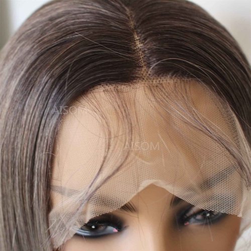Aisom Ash Grey Lace Front Wigs For Women Synthetic Ombre Lace Frontal Wig Dark Roots Ash Brown Long Wig Lace Front Synthetic Wigs 24 inch