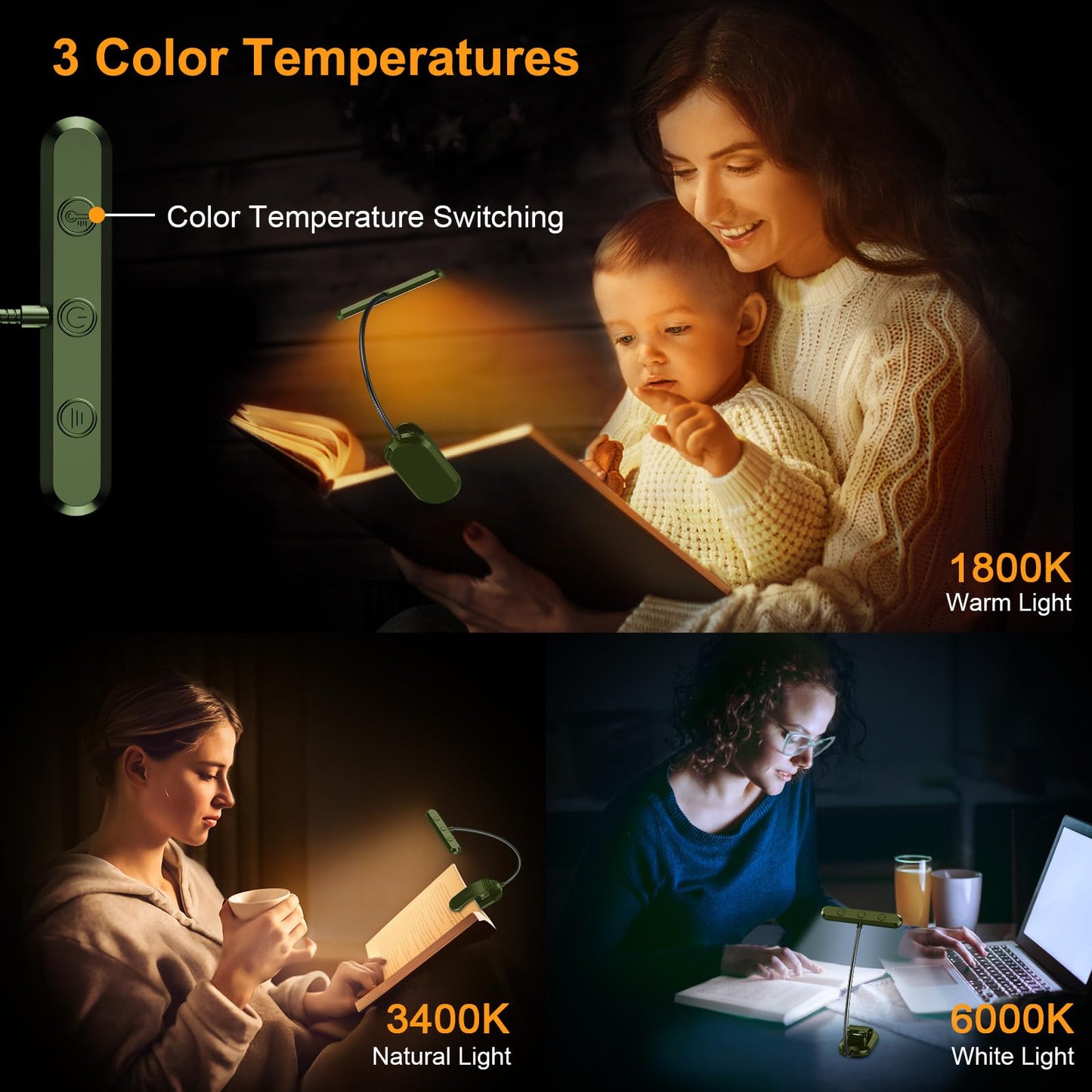 Gritin Rechargeable Book Light for Reading in Bed with 19 LED &Memory Function-Eye Caring 3 Color Temperatures,5 Brightness Levels,80 Hrs Runtime Flexible Goose Neck Clip on Light-Deep Green