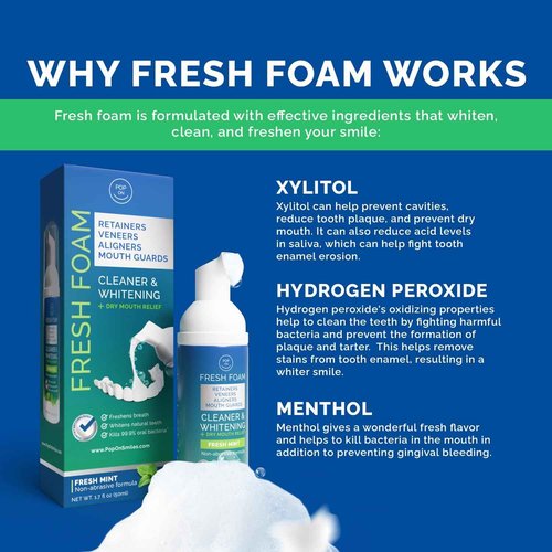 Aligner & Retainer Cleaner Fresh Foam – Dry Mouth Relief, Compatible with All Clear Aligners, Retainers, Mouth Guards, Night Guards, Veneers, Whitens, Freshens, 3% Hydrogen Peroxide, Mint - 50ml 3pcs