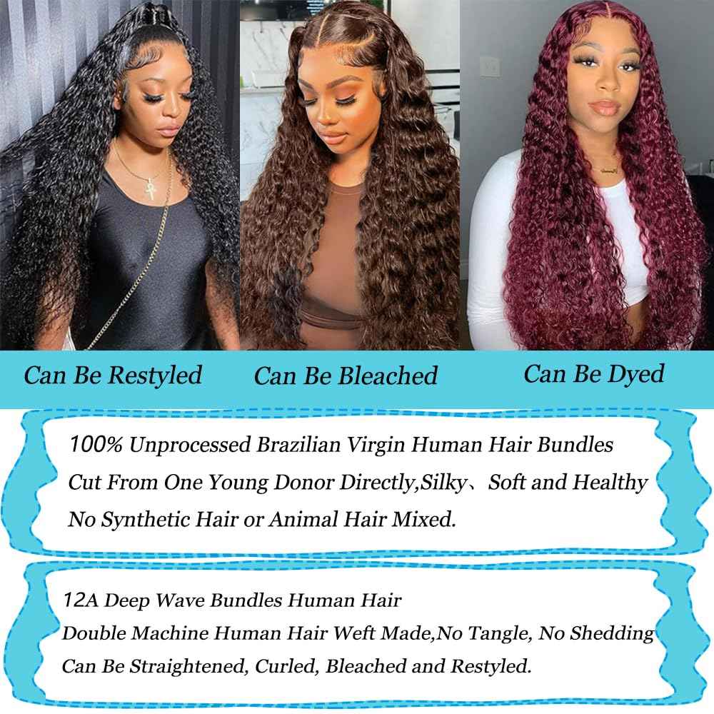 Great Grace 12A Deep Wave Human Hair Bundles 18 20 22 Inch Curly Bundles Human Hair 100% Unprocessed 3 Bundle Brazilian Virgin Human Hair Extensions Quick Weave Natural Black Color
