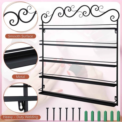Sintuff 3 in 1 Nail Polish Rack Wall Mount Nail Polish Organizer 5 Tiers Shelf Storage Display Holder Stand Holds 200 Bottles for Home Salon Business Spa(Black)
