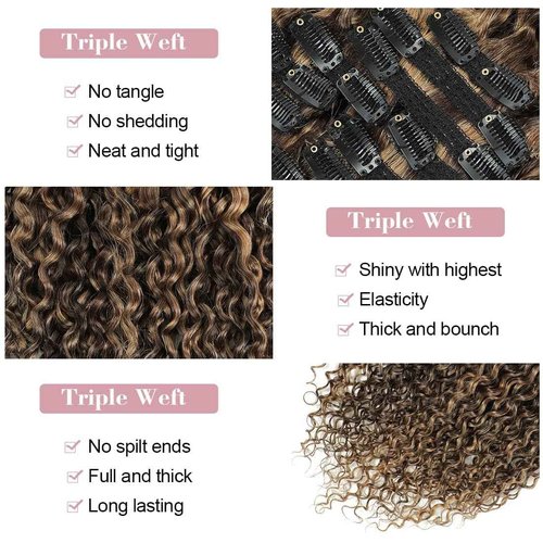 Urbeauty Curly Clip in Extensions Remy Human Hair Brown Highlight Blonde Natural Wavy Hair Extensions 20 Inch 120g Triple Weft Clip in Hair Extensions Full Head Kinky Curly Human Hair 4/27 Color