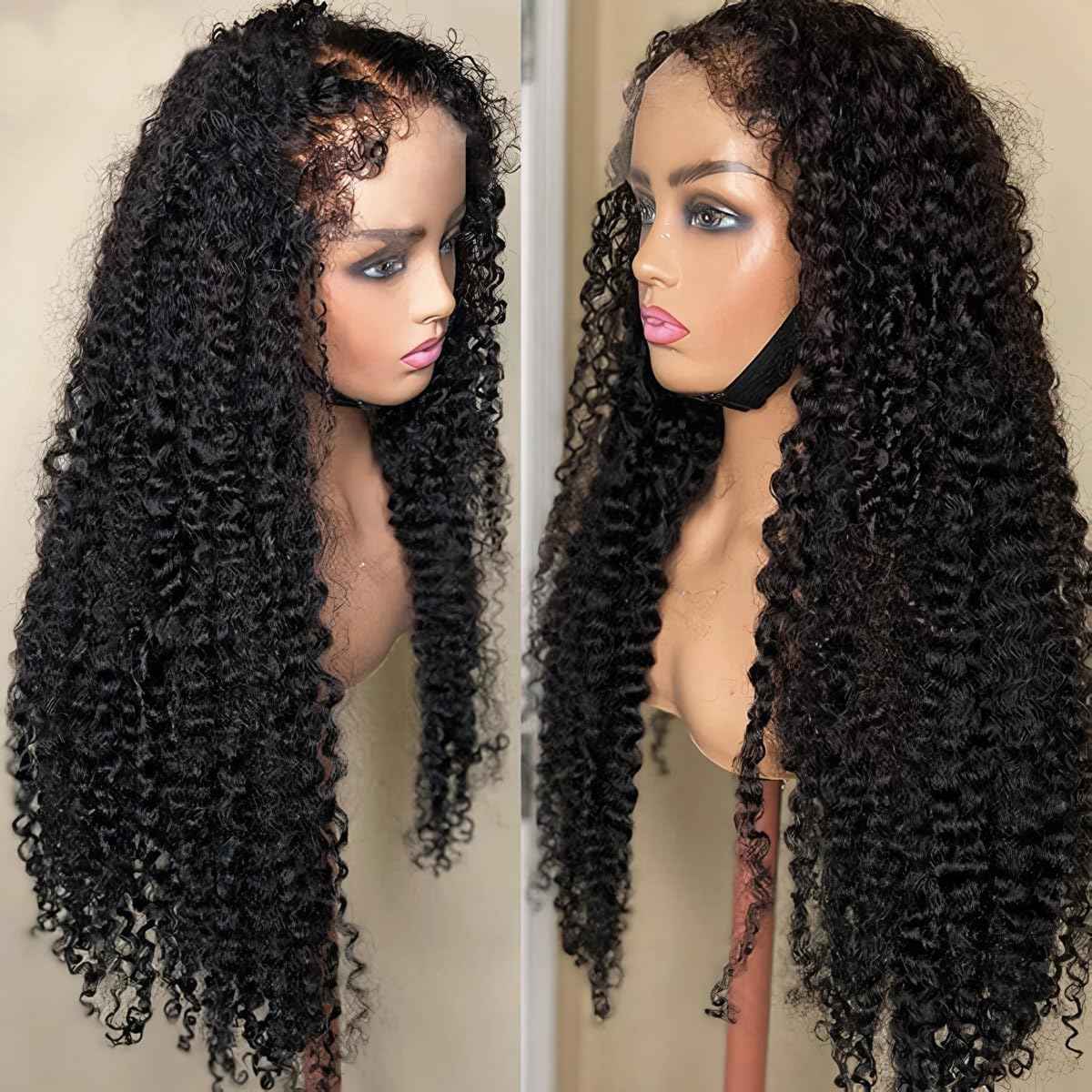 4C Edges Kinky Curly Lace Front Wigs Human Hair 13x4 HD Transparent Lace Frontal Wigs with Curly Edges Baby Hair, Deep Wave Curl Wig Pre-Plucked Hairline 180% Density 16 inch