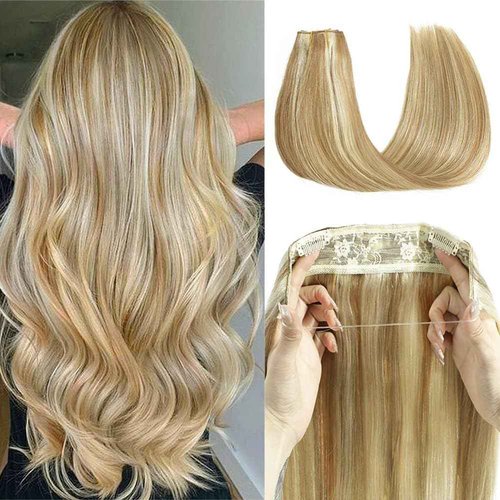 Hair Extensions 18 Inch Hair Extensions Real Human Hair Light Blonde to 613 Blonde Straight Balayage Extensions with Transparent Fish Line