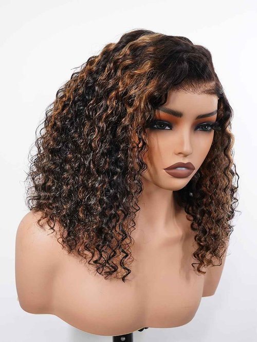 ISEE Hair Highlight Glueless Bob Wigs Human Hair Pre Plucked Pre Cut 2/30 Honey Blonde Curly Human Hair Wig for Black Women Ombre Water Wave 5x7 HD Lace Closure Wigs with Elastic Band 14 Inch