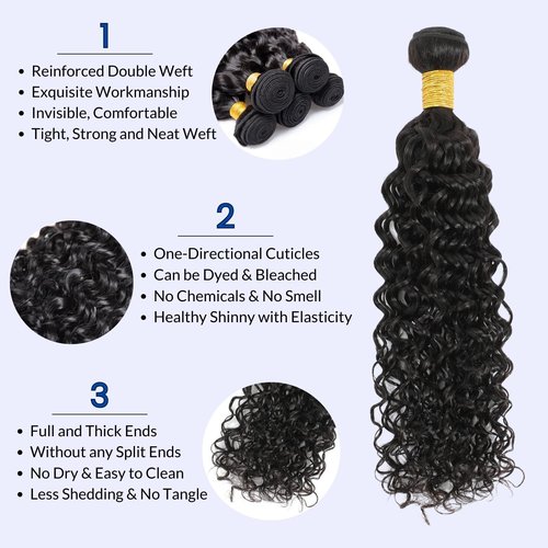 MOMOSHERO Water Wave Human Hair Bundles - Natural Black Wet & Wavy Curly Sew In Weave, Soft & Shed-free 12A 100% Brazilian Virgin Remy Hair - 3 Bundles, 12, 14, 16 Inch