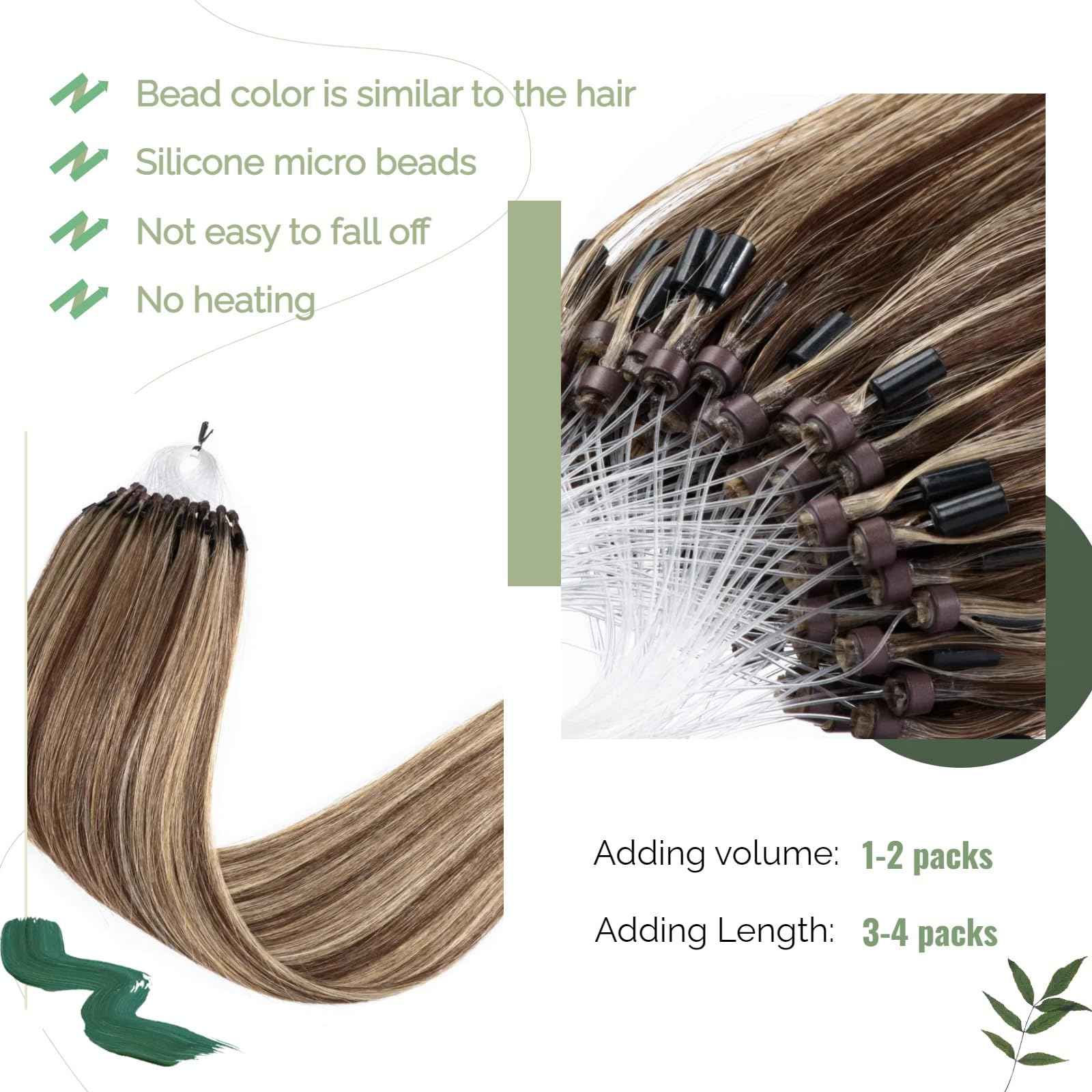 MicroLink Hair Extensions Human Hair Micro Loop Extension 0.5g/Strand 100 Strands 50g Silky Straight Micro Link Human Hair Invisible Micro Bead Hair Extensions 20 Inch, #4/613 Brown Mix with Blonde