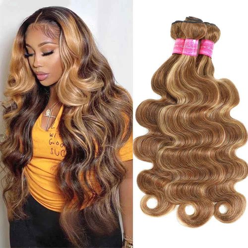 Seekomi Ombre Highlight Body Wave Bundles Human Hair 18 20 22 Inch 12A 100% Virgin 4/27 Colored Brown and Blonde 3 Bundles Human Hair Double Weft Quick Weave for Women, 300g