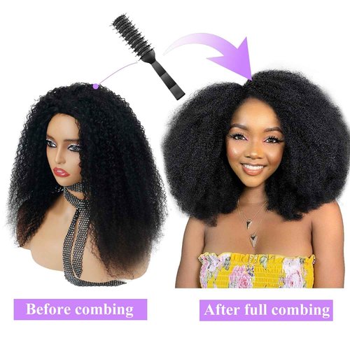 CanaryFly Afro Kinky Curly Half Wigs For Black Women 200% Density 3 In 1 Half Wig Human Hair With Drawstring Afro Curly Glueless Flip Over Wigs Quick Install Beginner Friendly, Natural Black(14inch)