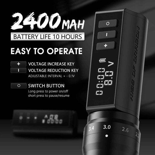 Tattoo Gun Wireless tattoo machine, 2400mAh Rotary Tattoo Machine with 6 stroke length Options, Pro Tattoo Guns with Coreless Motor Power reliable for all kinds of needles, ink-Kiss of Dragon