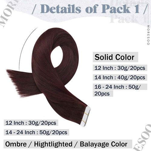 Tape Bundle Total 40 Pieces - Moresoo Burgundy Hair Extensions Tape in Human Hair Extensions 18 Inch Seamless Tape on Brazilian Hair #99J & #1B/99J