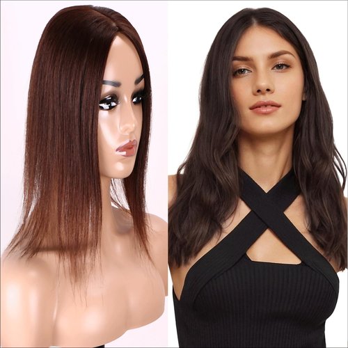 Mysyty Medium Brown Hair Toppers Real Human Hair for Women with Thinning Silk Base Crown Topper No Bangs Clip in Hair Toppers for Women12 Inch #4