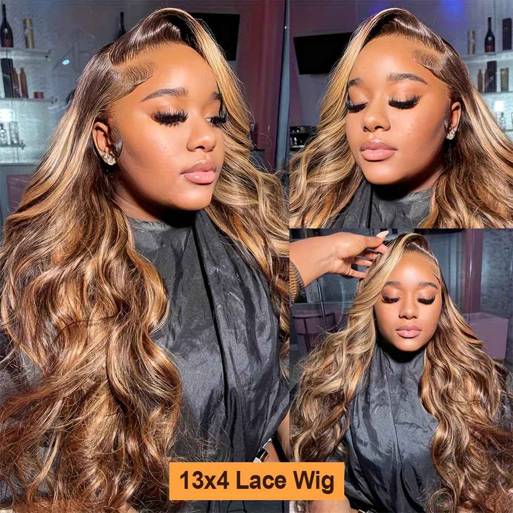 Highlight Ombre Lace Front Wig Human Hair 26In Honey Blonde Wig Human Hair Body Wave Lace Front Wigs Human Hair 180 Density Frontal Wigs Human Hair for Women 4/27 Colored Pre Plucked with Baby Hair