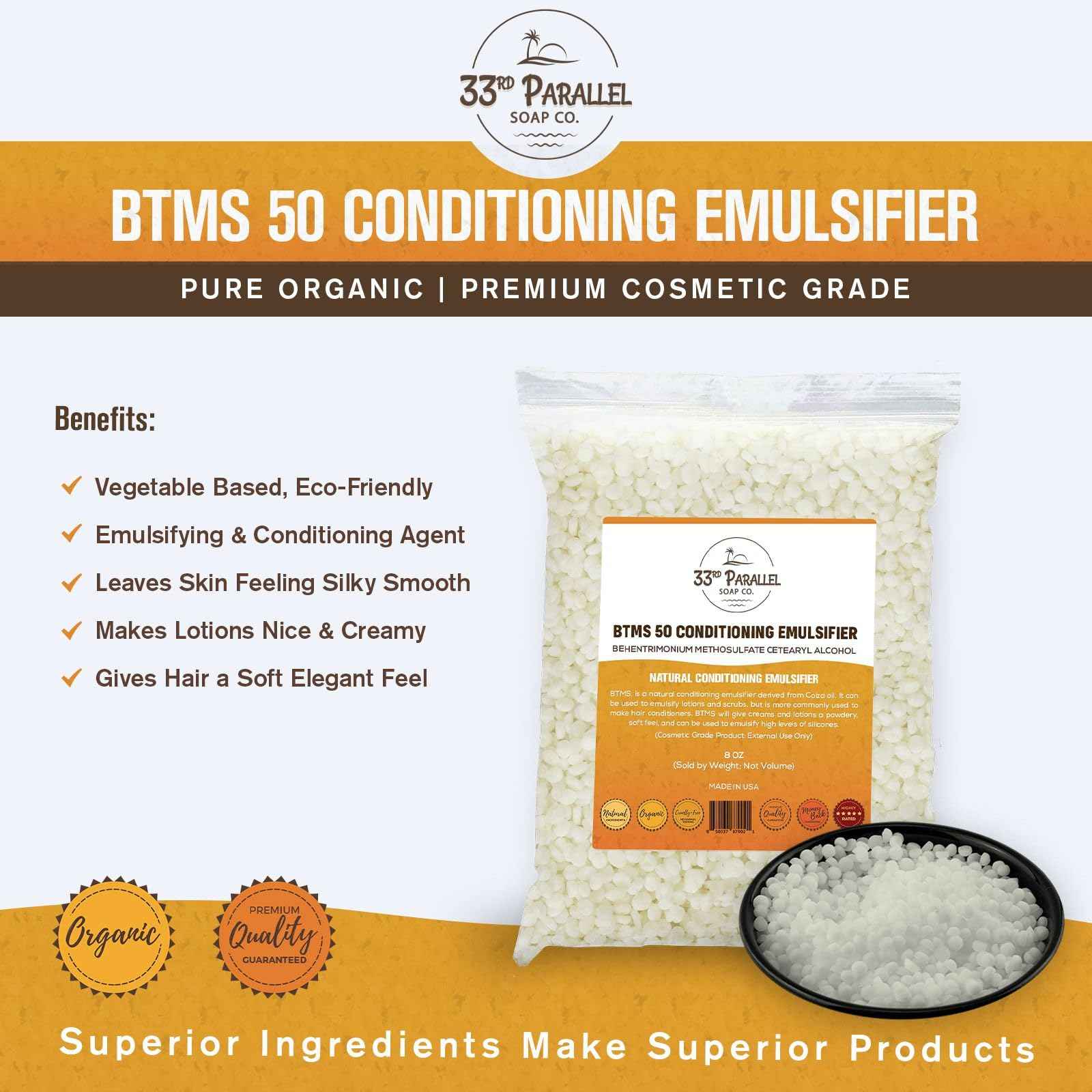33rd PARALLEL | BTMS 50 (5 lbs / 80 oz) Bulk Conditioning Emulsifier | 100% Natural Plant Derived | Behentrimonium Methosulfate Cetearyl Alcohol Emulsifying Conditioner | Product of USA (5 POUNDS)