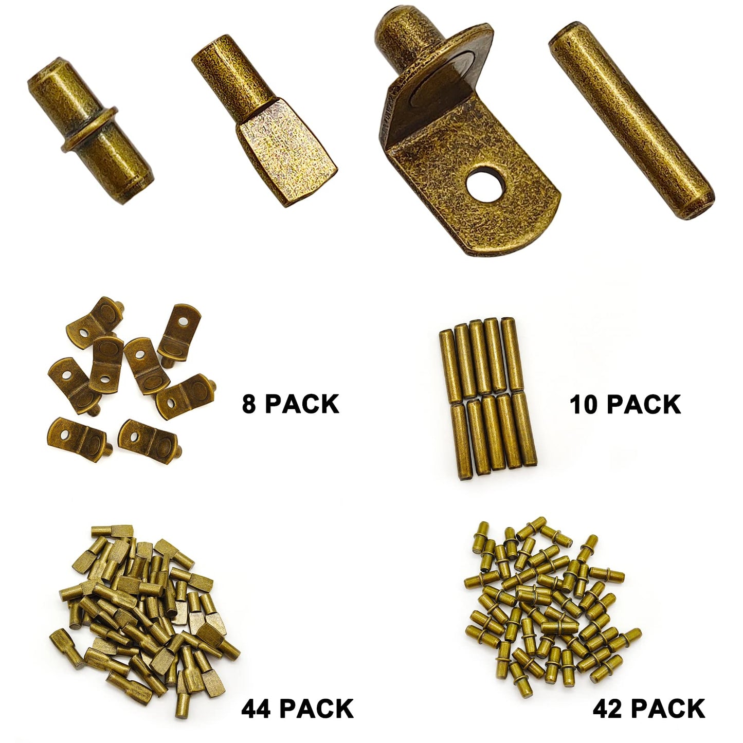 104Pcs Shelf Pins Pegs Kit,4 Styles Shelf Support Pegs,Bookshelf Pegs for Shelves,Cabinet Shelf Bracket Pegs Shelf Holders Pins for Kitchen Furniture & Closet (5mm & 1/4inch,Bronze Tone)