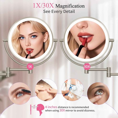 Wall Mounted Makeup Mirror with Lights, 30X/1X Double-Sided Magnifying, Plug-in Lighted Vanity Mirror with 3 Color Modes, Dimmable Brightness, 360° Swivel Extendable Arm for Bathroom & Grooming