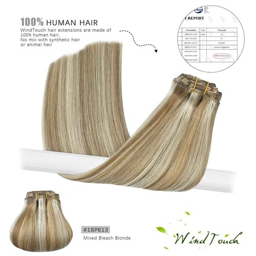 WindTouch Clip in Hair Extensions 115g Real Human Hair Blonde Hair Extensions #18p613 Mixed Bleached Blonde Thicker 7pcs 22inch
