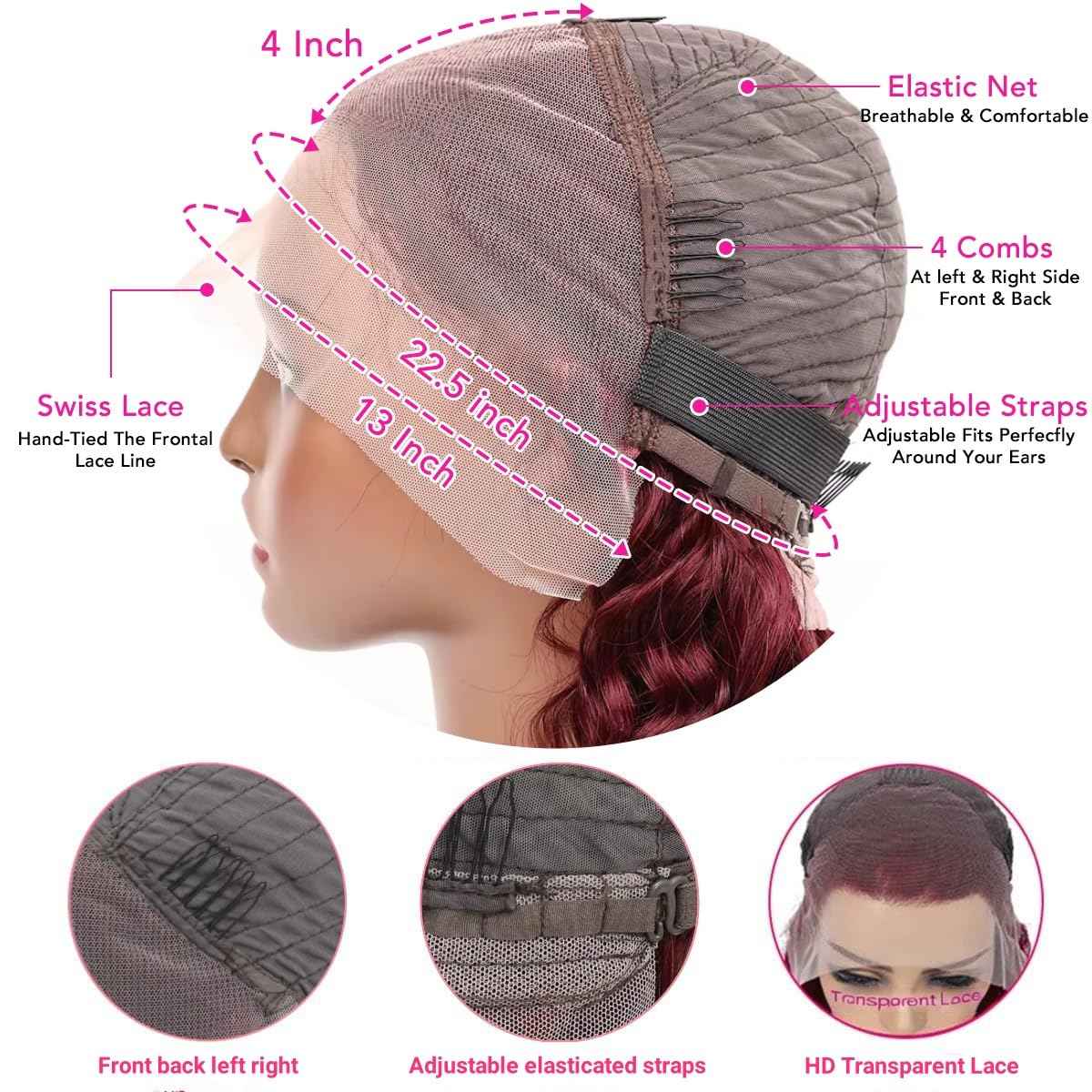 22 Inch 99J Burgundy Lace Front Wigs Human Hair 13x4 200% Density Body Wave Lace Front Wigs Human Hair Pre Plucked 99j Burgundy Red Wine Glueless Human Hair Wigs for Women