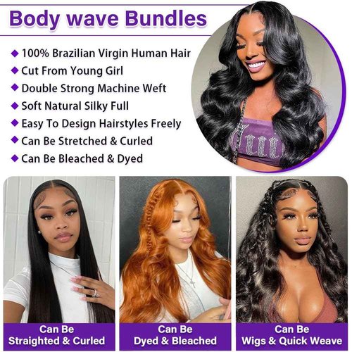 Olsmkis Body Wave Bundles Human Hair 20 22 24 Inch 3 Bundles Human Hair 300g 100% Unprocessed Brazilian Virgin Raw Hair Extensions for Women Natural Black Weave Bundle