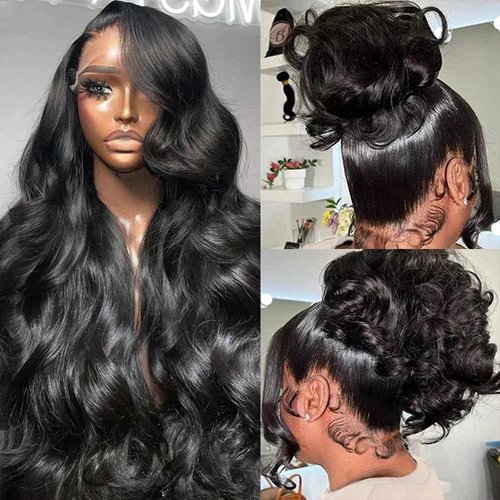 QTIKER 360 Transparent Lace Body Wave Wig Remy Human Hair Updo Pre Plucked Glueless Frontal Wigs Hair Extrenstion with Baby Hair (20inch, 360 Natural color)