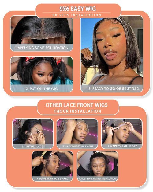 EINbeauty 9x6 HD Lace Glueless Wigs Human Hair Pre Plucked Pre Cut Bob Wig Human Hair Glueless Wigs Human Hair 200% Density Short Straight Bob Wigs for Black Women (14Inch,33#)