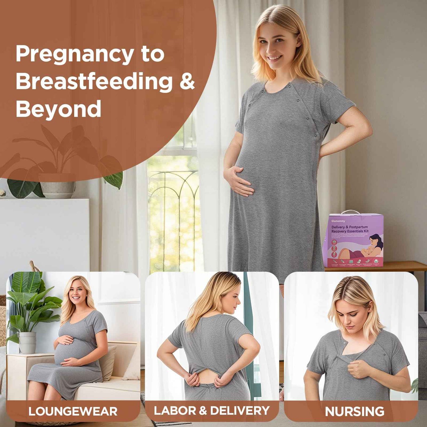 Glamommy Upgraded Postpartum Recovery Essentials Kit for Women, Nursing Gown, Luggage Bags, Socks, Peri Bottle, Cooling Spray, Disposable Underwear, Postpartum Pads, Hot&Cold Packs, Cooling Liners