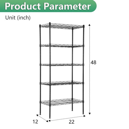 BestOffice | 5-Tier Wire Storage Shelves | 22x12x48 | Black | with Adjustable Racks | Heavy-Duty Metal Shelf, Holds Upto 750 lbs | No-Tool Assembly | Ideal for Home & Garage Shelving