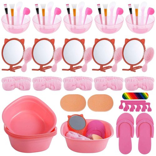 64 Pcs Kids Foot Spa Kit for Girl Spa Party with Pink Washbasin Salon Towels Nail Kit for DIY Manicure, Sleepover Party Favors for Little Ones, Foot Care Kit (Pink2)