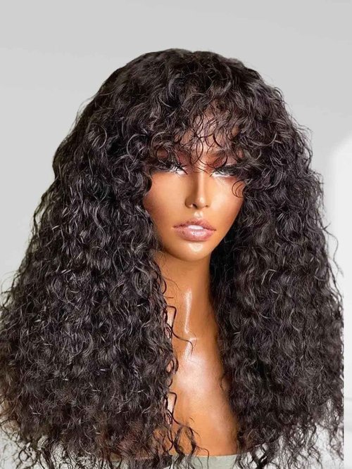 OCTSUN Wear and Go Human Hair Wigs with Bangs Bouncy Curly Human Hair Wigs for Black Women Glueless Full Machine Made Wigs Human Hair Deep Wave None Lace Front Wigs with Bangs 24 Inch 180% Density